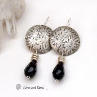 Sterling Silver Earrings with Dangling Black Faceted Crystals - Elegant Dressy Modern Silver Jewelry