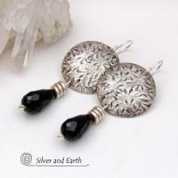 Sterling Silver Earrings with Dangling Black Faceted Crystals - Elegant Dressy Modern Silver Jewelry