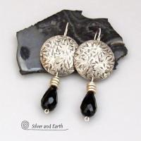 Sterling Silver Earrings with Dangling Black Faceted Crystals - Elegant Dressy Modern Silver Jewelry