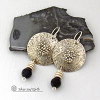 Textured Sterling Silver Earrings with Black Onyx Dangles - Chic Modern Stylish Jewelry