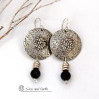 Textured Sterling Silver Earrings with Black Onyx Dangles - Chic Modern Stylish Jewelry