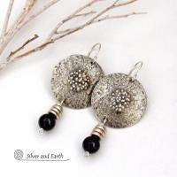Textured Sterling Silver Earrings with Black Onyx Dangles - Chic Modern Stylish Jewelry