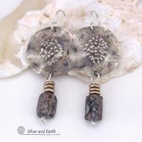 Sterling Silver Earrings with Dangling Crinoid Fossil Stones - Bold Modern Earthy Organic Natural Fossil Jewelry 