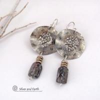 Sterling Silver Earrings with Dangling Crinoid Fossil Stones - Bold Modern Earthy Organic Natural Fossil Jewelry 