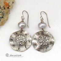 Hammered Sterling Silver Earrings with Silver Freshwater Pearls - Earthy Organic Modern Chic Artisan Handcrafted Jewelry