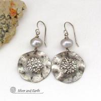 Hammered Sterling Silver Earrings with Silver Freshwater Pearls - Earthy Organic Modern Chic Artisan Handcrafted Jewelry