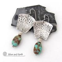 Hand Stamped Sterling Silver & Natural Turquoise Earrings - Bold Modern Southwest Style Handcrafted Jewelry 