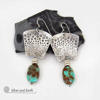 Hand Stamped Sterling Silver & Natural Turquoise Earrings - Bold Modern Southwest Style Handcrafted Jewelry 