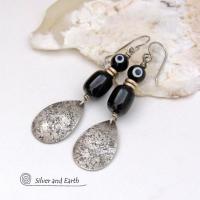 Sterling Silver Teardrop Dangle Earrings with Black Onyx Stones and Black & White Dotted Glass Beads