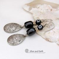 Sterling Silver Teardrop Dangle Earrings with Black Onyx Stones and Black & White Dotted Glass Beads