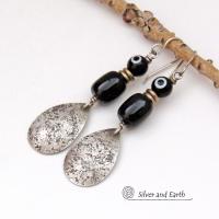 Sterling Silver Teardrop Dangle Earrings with Black Onyx Stones and Black & White Dotted Glass Beads