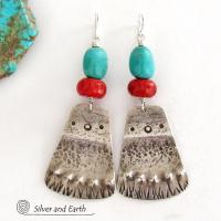 Sterling Silver and Turquoise Earrings with Red Coral - Southwest Style Artisan Handcrafted Jewelry