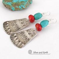 Sterling Silver and Turquoise Earrings with Red Coral - Artisan Handcrafted One of a Kind Southwest Style Jewelry