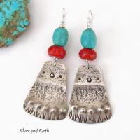 Sterling Silver and Turquoise Earrings with Red Coral - Artisan Handcrafted One of a Kind Southwest Style Jewelry