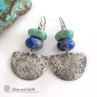 Sterling Silver Earrings with Chunky Natural Turquoise & Blue Lapis Stones - Handcrafted Modern Southwest Style Jewelry