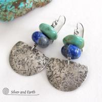 Sterling Silver Earrings with Chunky Natural Turquoise & Blue Lapis Stones - Handcrafted Modern Southwest Style Jewelry