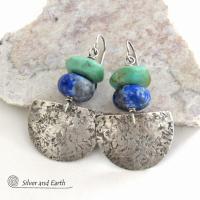 Sterling Silver Earrings with Chunky Natural Turquoise & Blue Lapis Stones - Handcrafted Modern Southwest Style Jewelry