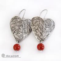 Sterling Silver Heart Earrings with Red Jasper Stone Dangles - Romantic Jewelry Gifts for Women