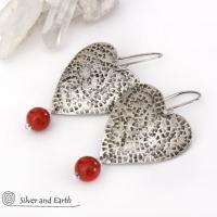 Sterling Silver Heart Earrings with Red Jasper Stone Dangles - Romantic Jewelry Gifts for Women