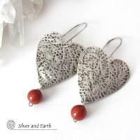 Sterling Silver Heart Earrings with Red Jasper Stone Dangles - Romantic Jewelry Gifts for Women