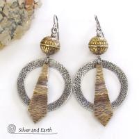 Sterling Silver Mixed Metal Hoop Earrings with Brass Beads - Bohemian Tribal Jewelry