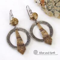 Sterling Silver Mixed Metal Hoop Earrings with Brass Beads - Bohemian Tribal Jewelry