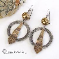Sterling Silver Mixed Metal Hoop Earrings with Brass Beads - Bohemian Tribal Jewelry