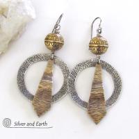 Sterling Silver Mixed Metal Hoop Earrings with Brass Beads - Bohemian Tribal Jewelry