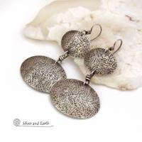 Textured Oxidized Sterling Silver Double Dangle Earrings - Rustic Organic Modern Silver Jewelry
