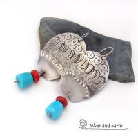 Sterling Silver Earrings with Sleeping Beauty Turquoise & Red Coral - Southwestern Tribal Jewelry