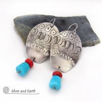 Sterling Silver Earrings with Sleeping Beauty Turquoise & Red Coral - Southwestern Tribal Jewelry