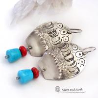 Sterling Silver Earrings with Sleeping Beauty Turquoise & Red Coral - Southwestern Tribal Jewelry
