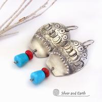 Sterling Silver Earrings with Sleeping Beauty Turquoise & Red Coral - Southwestern Tribal Jewelry