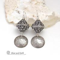 Textured Sterling Silver Dangle Earrings with Big Ornate Bali Style Beads - Elegant Modern Jewelry