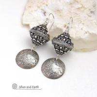 Textured Sterling Silver Dangle Earrings with Big Ornate Bali Style Beads - Elegant Modern Jewelry