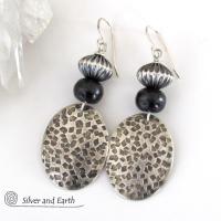 Tribal Sterling Silver Earrings with Black Beads - Earthy Rustic Silver Jewelry