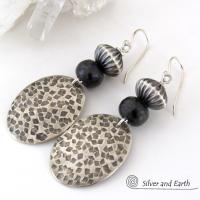 Tribal Sterling Silver Earrings with Black Beads - Earthy Rustic Silver Jewelry