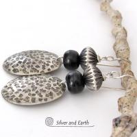 Tribal Sterling Silver Earrings with Black Beads - Earthy Rustic Silver Jewelry