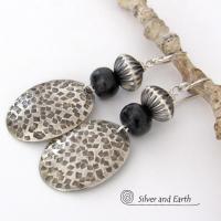 Tribal Sterling Silver Earrings with Black Beads - Earthy Rustic Silver Jewelry