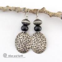 Tribal Sterling Silver Earrings with Black Beads - Earthy Rustic Silver Jewelry