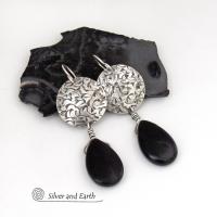 Sterling Silver Earrings with Dangling Black Onyx Gemstones - Handcrafted Silver Jewelry