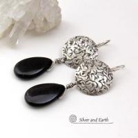 Sterling Silver Earrings with Dangling Black Onyx Gemstones - Handcrafted Silver Jewelry