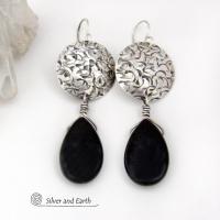 Sterling Silver Earrings with Dangling Black Onyx Gemstones - Handcrafted Silver Jewelry