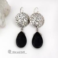 Sterling Silver Earrings with Dangling Black Onyx Gemstones - Handcrafted Silver Jewelry