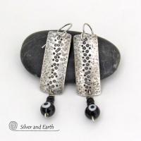 Hammered Sterling Silver Earrings with Black Onyx Stones & Glass Beads - Unique Handmade Modern Silver Jewelry