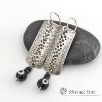 Hammered Sterling Silver Earrings with Black Onyx Stones & Glass Beads - Unique Handmade Modern Silver Jewelry