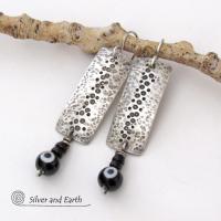 Hammered Sterling Silver Earrings with Black Onyx Stones & Glass Beads - Unique Handmade Modern Silver Jewelry