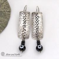 Hammered Sterling Silver Earrings with Black Onyx Stones & Glass Beads - Unique Handmade Modern Silver Jewelry