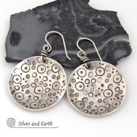 Sterling Silver Circle Earrings with Unique Hand Stamped Texture - Artisan Handcrafted Bold Artsy Modern Silver Jewelry