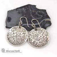 Sterling Silver Circle Earrings with Unique Hand Stamped Texture - Artisan Handcrafted Bold Artsy Modern Silver Jewelry